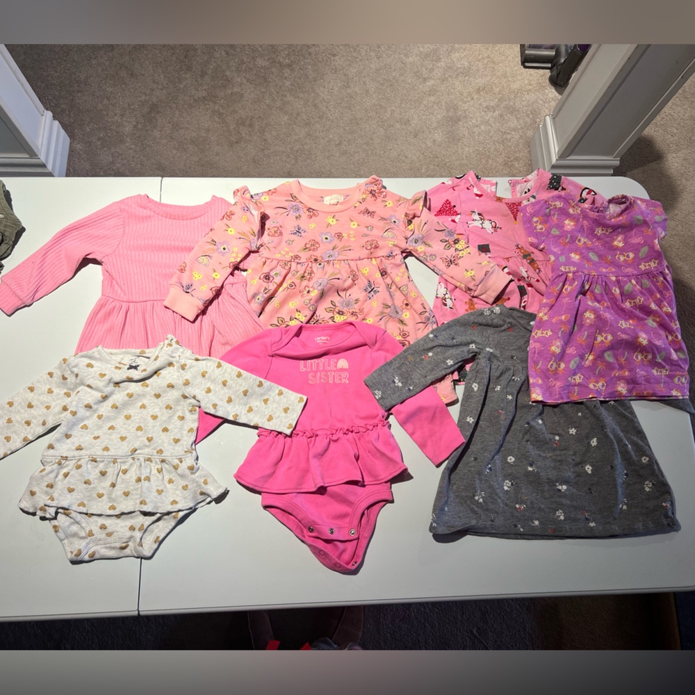 12-18mos girls Mixed 7 item Pink and Gray Long Sleeve Dress & Onesie Bundle